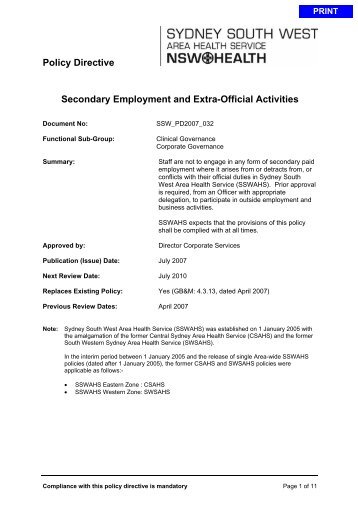 Secondary Employment and Extra-Official Activities - Sydney South ...