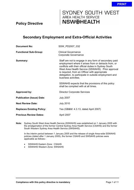 Secondary Employment and Extra-Official Activities - Sydney South ...