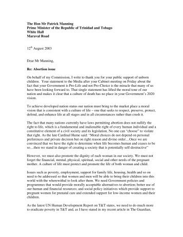 Letter to Prime Minister Patrick Manning - Catholic Commission for ...