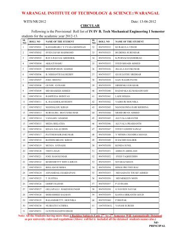 B.Tech NRS_LIST 2012 - Warangal Institute of Technology & Science