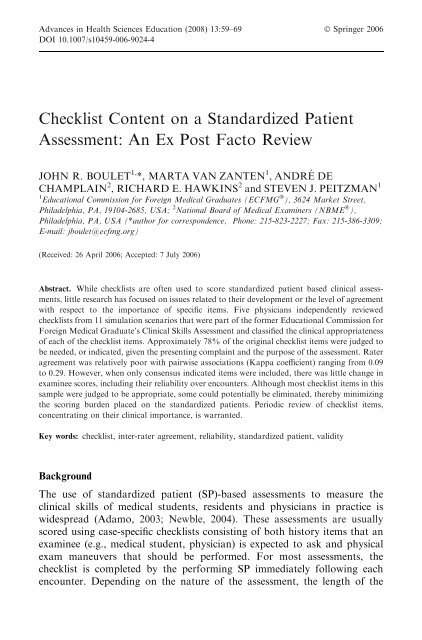 Checklist Content on a Standardized Patient Assessment ... - Springer