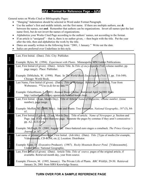 APA – Format for Reference Page -- APA TURN OVER FOR A ...