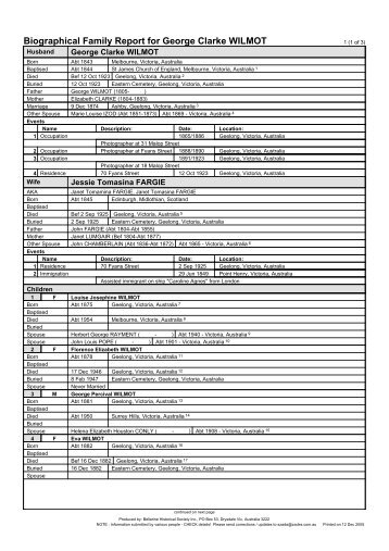 Biographical Family Report for George Clarke WILMOT