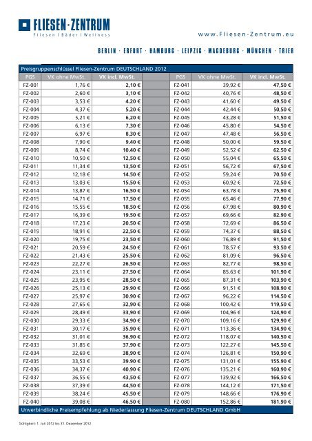 Katalog Preisgruppenschlüssel - Fliesen-Zentrum Deutschland Gmbh