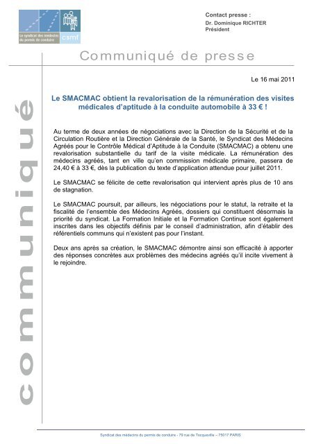 Lettre d'information du SMACMAC 16 mai 2011 - CSMF