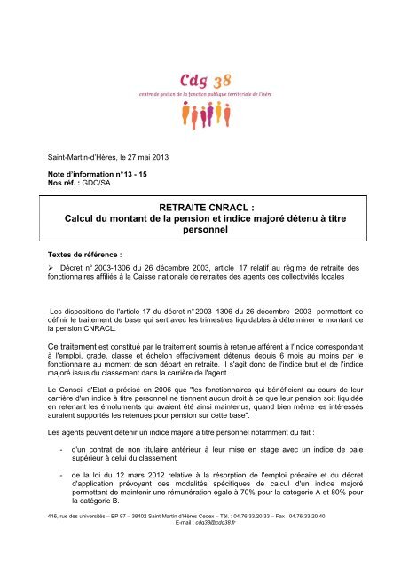 Calcul du montant de la pension et indice majorÃ© dÃ©tenu Ã ... - CDG38