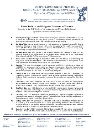 List of Political and Religious Prisoners in Vietnam - Action for ...