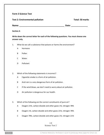 Form 3 Science Test Test 2: Environmental pollution Total ... - Pearson