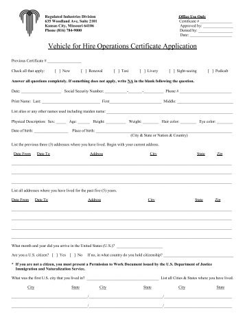 Vehicle for Hire Operations Certificate Application - City of Kansas ...