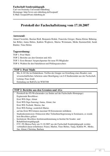 Protokoll der Fachschaft Sonderpädagogik 17.10.07