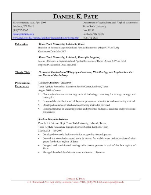 Daniel Pate Resume - Department of Agricultural and Applied ...