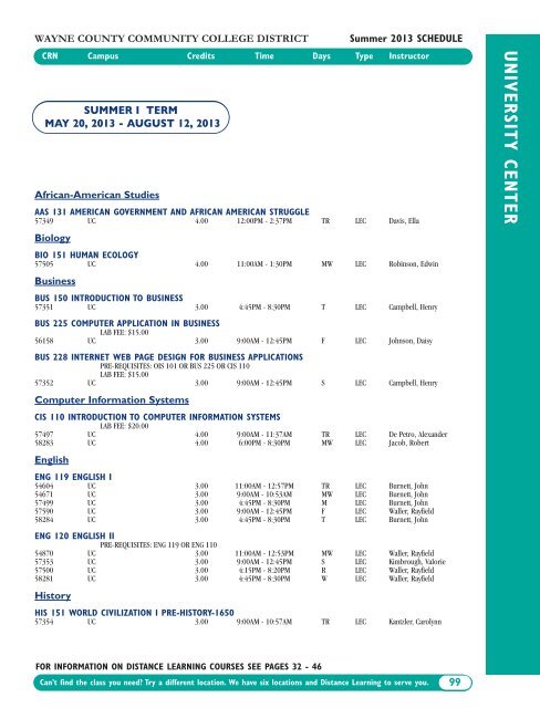 Summer 2013 Academic Schedule - Wayne County Community ...