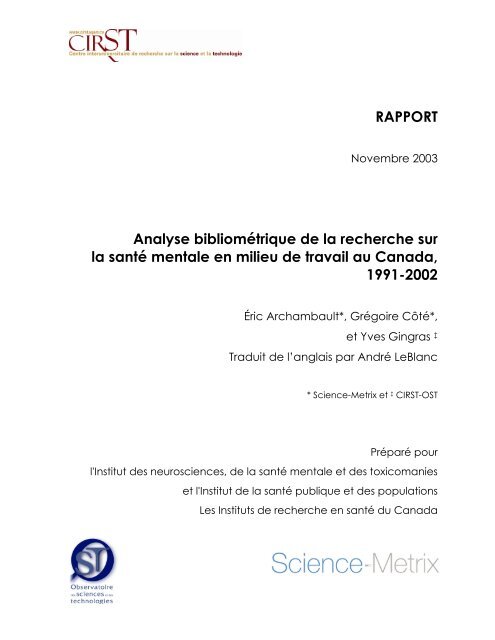 Analyse Biblioma C Trique De La Recherche Sur La Santa C Science Metrix