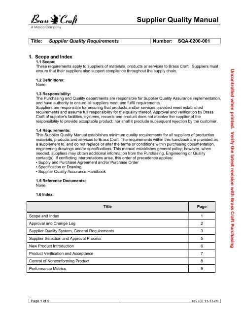 Supplier Quality Manual - Brass Craft