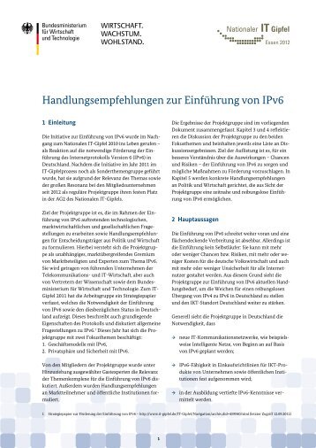 Handlungsempfehlungen zur Einführung von IPv6 - IT-Gipfel