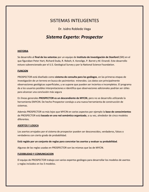 SISTEMAS INTELIGENTES Sistema Experto: Prospector - DEPI