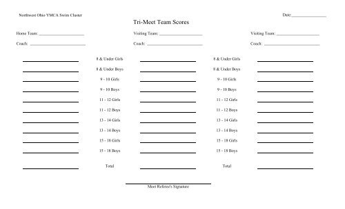 League Tri Meet Score Sheets - Toledo YMCA Swimming