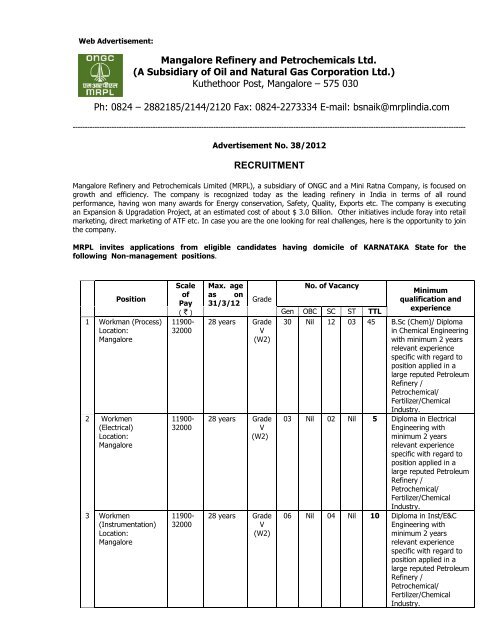 application form - Mangalore Refinery and Petrochemicals Limited