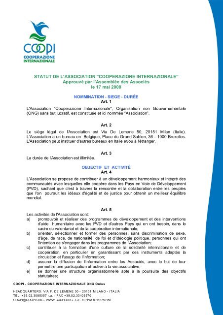 Statut De Lassociation Cooperazione Coopi
