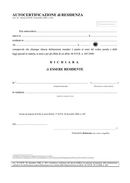 autocertificazione di residenza modulo da