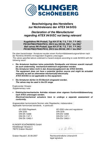 Bescheinigung des Herstellers zur Nichtrelevanz der ATEX 94/9/EG ...