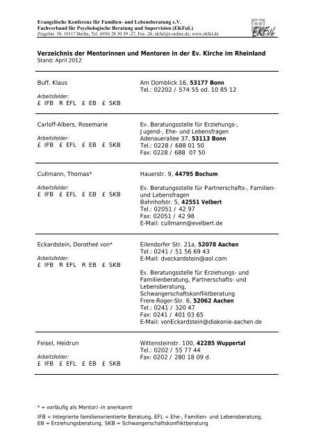 Verzeichnis der Mentorinnen und Mentoren in der Ev ... - EKFuL