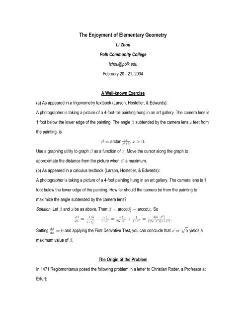 The Enjoyment of Elementary Geometry Li Zhou ... - MAA Sections