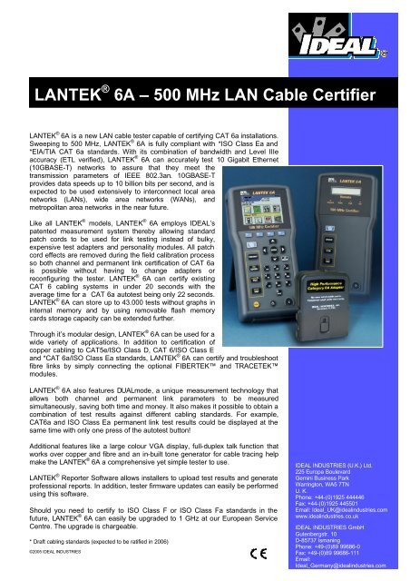 LANTEK 6A â 500 MHz LAN Cable Certifier - Elma Instruments