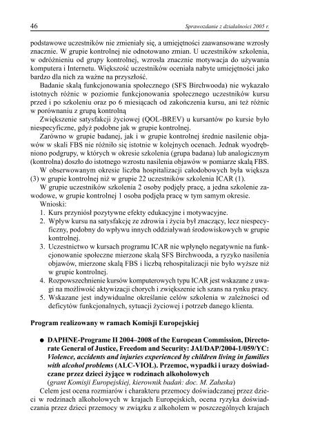 SPRAWOZDANIE Z DZIAÅALNOÅCI 2005 rok - Instytut Psychiatrii i ...