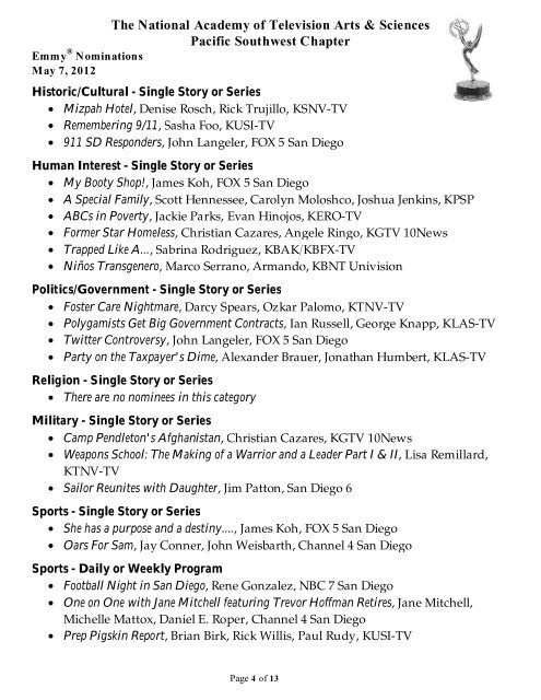 the 2012 Nominee List - National Academy of Television Arts and ...