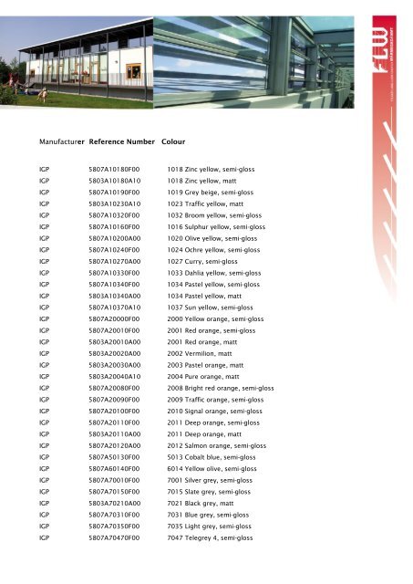 Aluminium Joinery Colour Chart