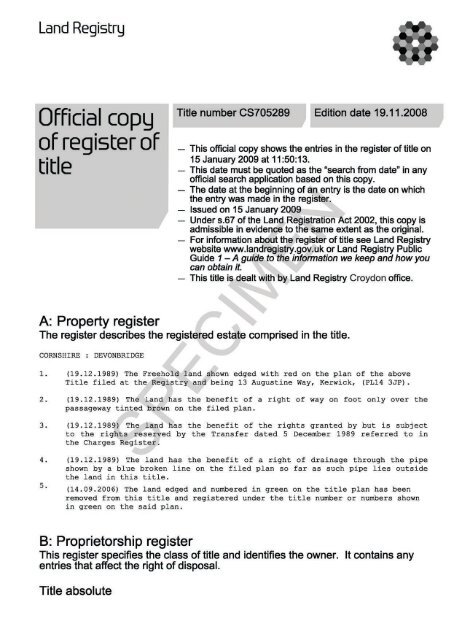 Official copy of register of title - Sample - Land Registry