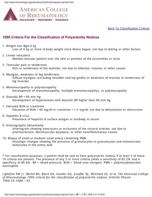 1990 Criteria For the Classification of Polyarteritis Nodosa