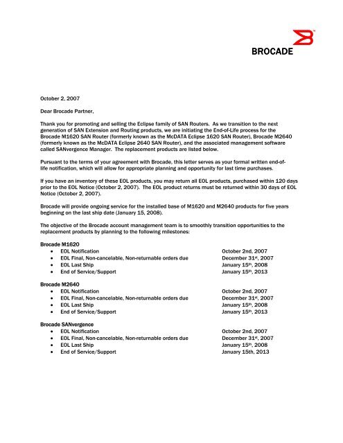 Brocade End-of Life Notice_dated October 2, 2007 - TeamKCI