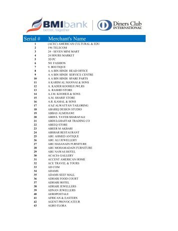 Serial # Merchant's Name - BMI