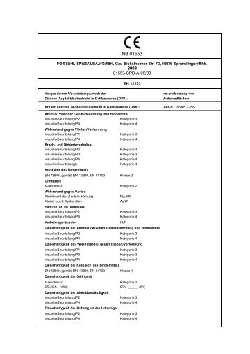 CE-Kennzeichnung von POSSEHL DSK-Produkten gemÃ¤Ã EN 12273