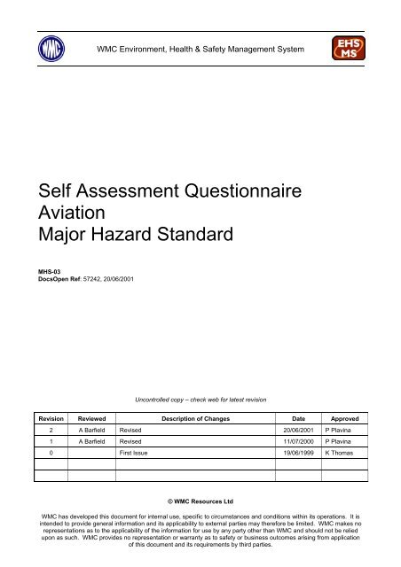 Self Assessment Questionnaire Aviation Major Hazard ... - MIRMgate