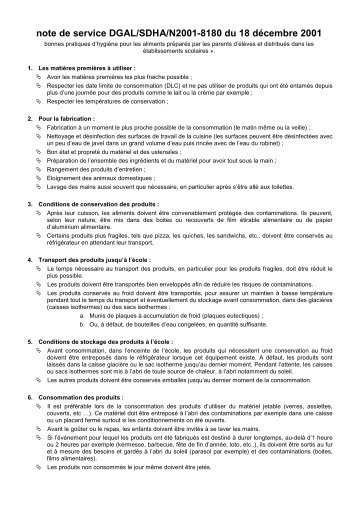 note de service DGAL/SDHA/N2001-8180 du 18 dÃ©cembre 2001