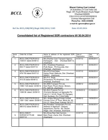 List of Registered SOR Contractors - Bharat Coking Coal Limited