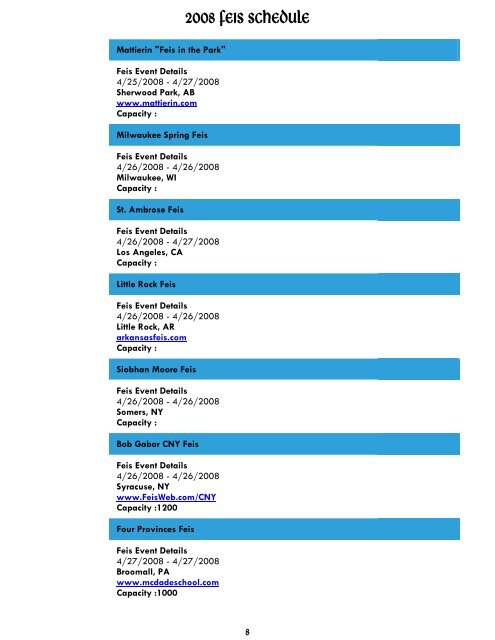 2008 FEIS SCHEDULE - Mullane Healy Godley Irish Dance Academy