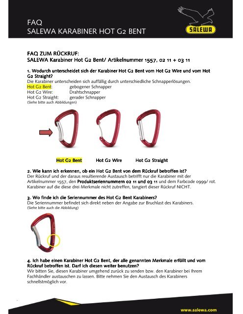 Faq rückruf SALEWA Karabiner Hot G2 Bent juli 2011