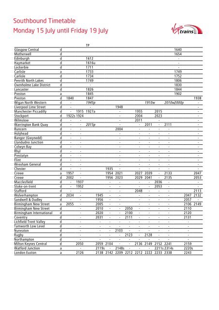 Timetable - Virgin Trains