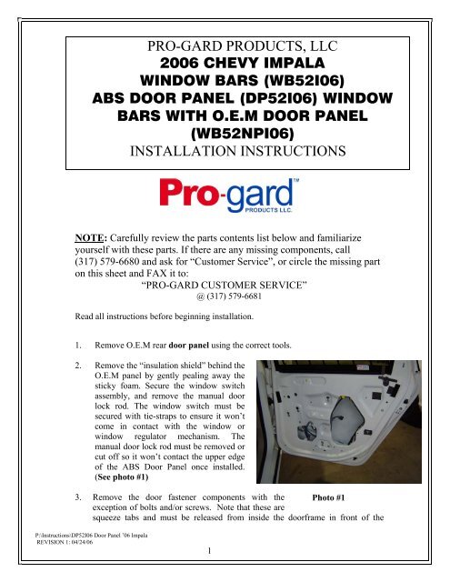 Impala Door Panel Instructions Pro Gard Products