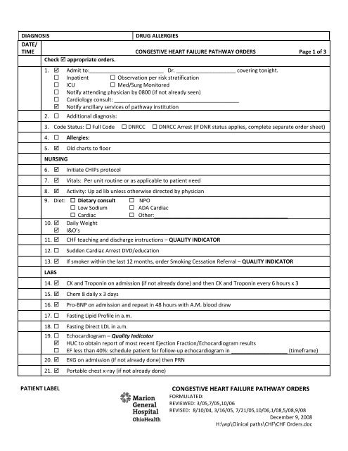 HF Admission Orders: Marion General Hospital - QUERI