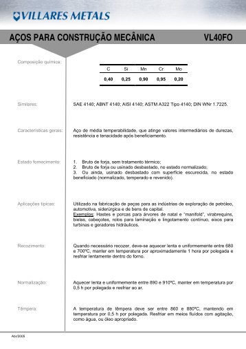 AÃOS PARA CONSTRUÃÃO MECÃNICA VL40FO - Villares Metals