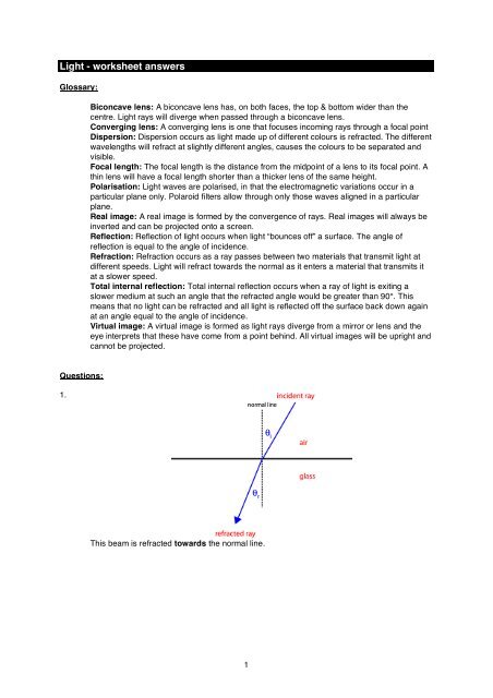 Light - worksheet answers