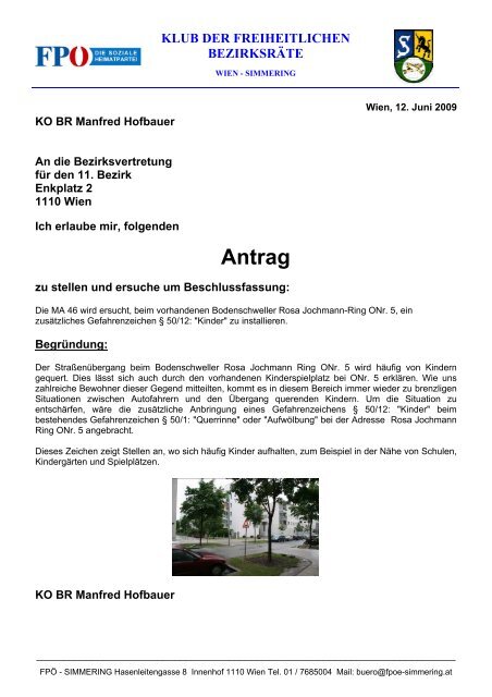 BV-Sitzung vom 10. Juni 2009 - FPÃ Simmering - FPÃ Wien