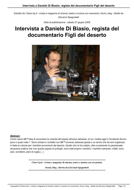 Intervista a Daniele Di Biasio, regista del documentario ... - Close-Up.it