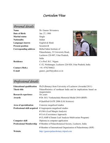 Curriculum Vitae Personal details Professional details - Birbal Sahni ...