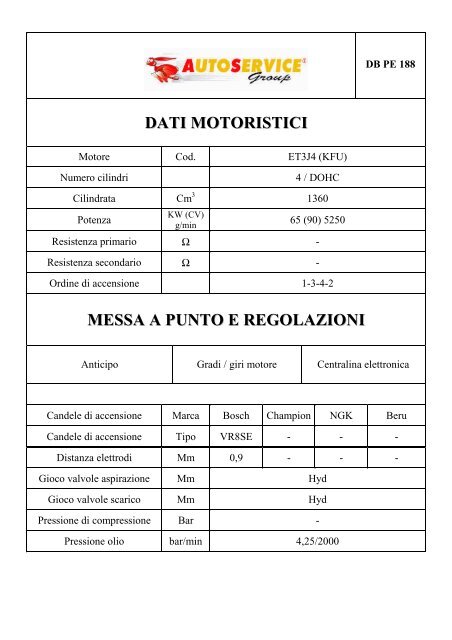 dati motoristici messa a punto e regolazioni - AutoService Group